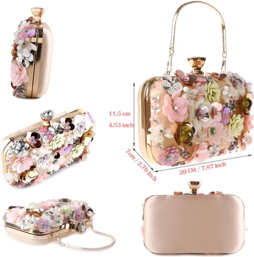 Vista 4 de BBTT.ful Bolso de mano para mujer con diseño de flores, con correa de cadena y bandolera (champán), Champán