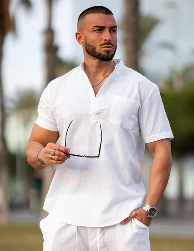 Vista 4 de COOFANDY - Camisetas henley de algodón y lino para hombre, manga corta, con bolsillo, de estilo hippie, informal, para la playa