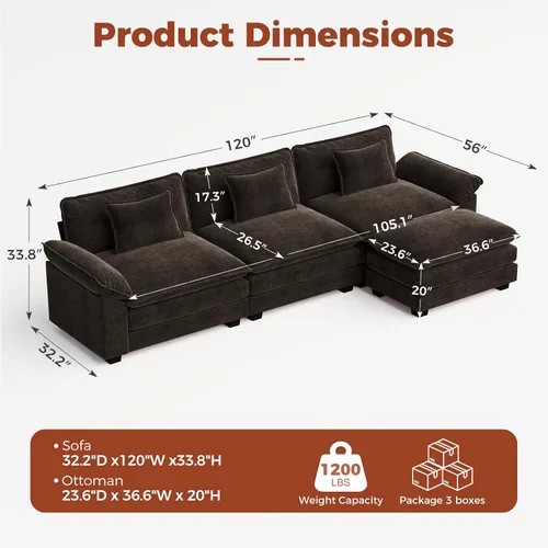 Vista 2 de Sofá modular de gran tamaño de 120 pulgadas, cómodo sofá nube en forma de L con otomana móvil, sofá moderno de felpilla de 4 plazas para sala