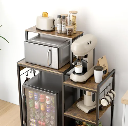 Vista 7 de Toutrop Mini gabinete de nevera con estantes de almacenamiento, soporte para microondas con 2 salidas AC/2 USB, gabinete de barra de café