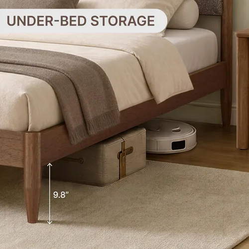 Vista 5 de KISLOT Marco de cama de madera con cabecera tapizada, marrón, tamaño Queen
