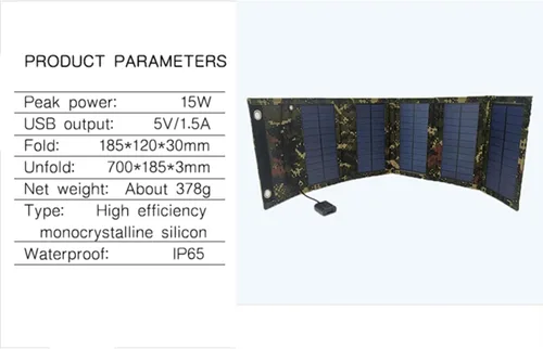 Vista 5 de Panel solar portátil de 20 W, carga de emergencia al aire libre, impermeable, plegable (salidas USB de 5 V/1.2 A) (camuflaje de 15 W)