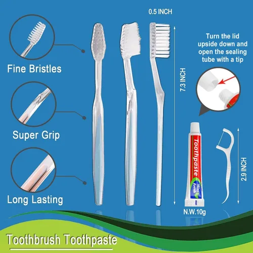 Vista 4 de 100 cepillos de dientes desechables con hilo dental, 2 colores Individually Wrapped, Disposable Toothbrush, 10g Toothpaste, Floss Pick, Bulk