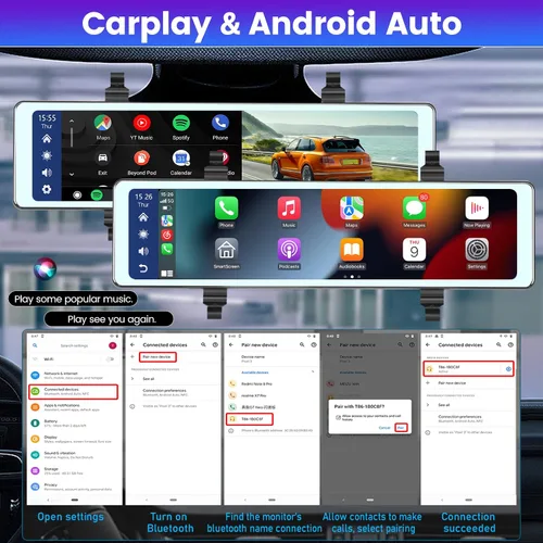 Vista 2 de NHOPEEW Cámara de espejo retrovisor de 11.26 pulgadas con Carplay y Android Auto - Espejo Dash Cam frontal y trasera - Transmisor