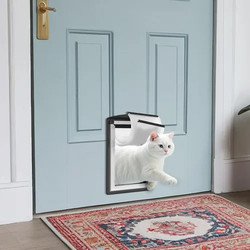 Vista 2 de MAVRICFLEX Puerta para gatos para puerta, marco completamente de acero inoxidable con doble solapa suave y 2 paneles deslizantes de ABS