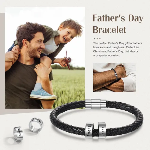 Vista 6 de Pulsera personalizada con nombres trenzados negros para hombre, hecha a medida con abalorios, joyería inspiradora familiar, regalo para papá, Cuero