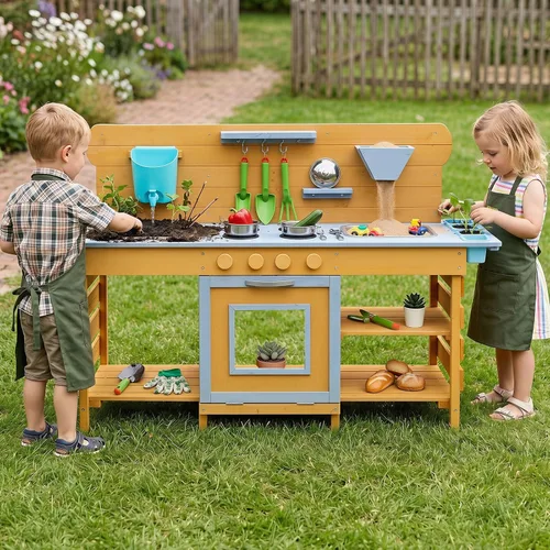 Vista 10 de Costzon Cocina de barro, juego de juguetes de madera con estufas, fregadero, grifo, parrilla, pizarra, perillas giratorias, macetas, estantes