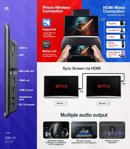 Vista 5 de 12.4 pulgadas 4K Android portátil coche TV monitor tableta para asiento trasero, teléfono soporte inalámbrico espejo enlace pantalla táctil
