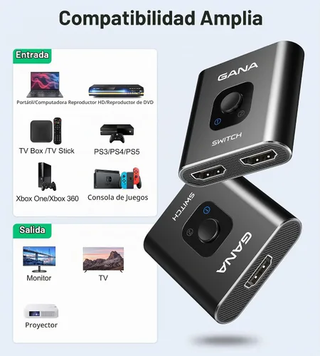Vista 4 de Interruptor HDMI 4 K a 60 Hz, interruptor HDMI bidireccional de aluminio GANA 2 en 1 salida, concentrador HDMI manual compatible con HD compatible