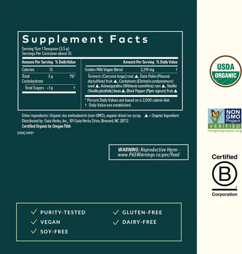 Vista 3 de Gaia Herbs Golden Milk - Suplemento en polvo de apoyo tradicional para la relajación con cúrcuma orgánica, pimienta negra, ashwagandha, cardamomo