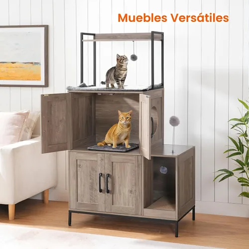 Vista 5 de HOOBRO Mueble para Caja de Arena para Gatos, Mueble Oculto para Caja de Arena 2 en 1 con Estante, Gabinete Doble para Caja de Arena con 2 Pelotas