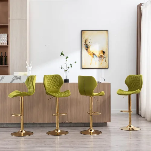 Vista 6 de Juego de 2 taburetes de bar de terciopelo ajustables verdes con patas doradas, modernas sillas de bar giratorias para isla de cocina, comedor, bar