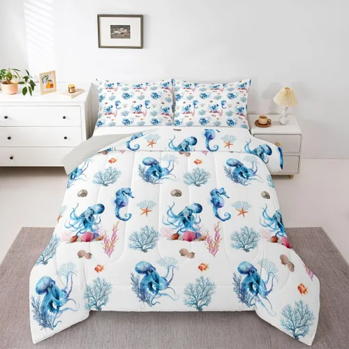 Vista 30 de Erosebridal Blue Ocean - Juego de edredón tamaño individual Juego de ropa de cama de ballena delfín y tortuga marina para niños y niñas, juego