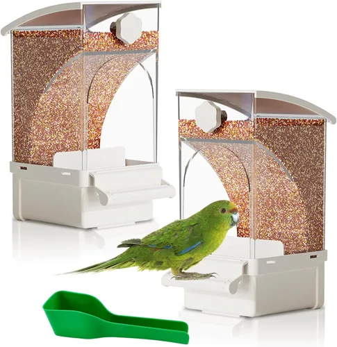 Vista 11 de Hamiledyi Comedero automático para pájaros sin ensuciar, contenedor de comida de semillas de loro acrílico transparente con jaula de perca