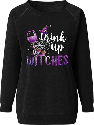 Vista 3 de symoid Drink Up Witches Sudaderas para mujer con estampado de telaraña gótica, camisas de Halloween de manga larga sueltas retro