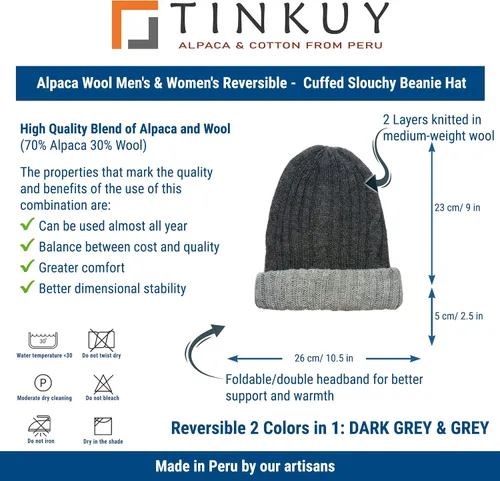 Vista 4 de TINKUY Alpaca Wool - Gorro reversible para hombre y mujer - Gorro holgado con puños
