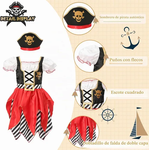 Vista 6 de Lingway Toys Disfraz de lujo de pirata para niñas, vestido de princesa bucanera para niños
