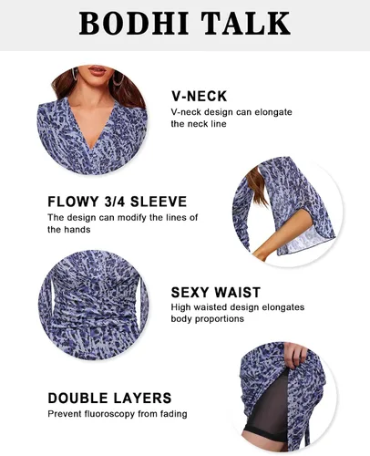 Vista 6 de Bodhi talk Vestido de malla con volantes y manga 34, cuello en V, doble capa, vestido de tubo ajustado hasta la rodilla para mujer