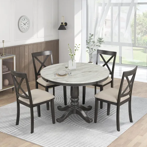 Vista 14 de Harper & Bright Designs Juego de mesa redonda de 5 piezas con estante, mesa de comedor familiar de madera