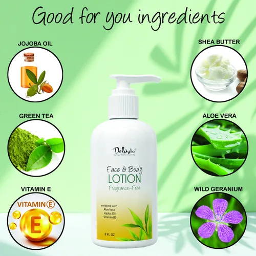 Vista 2 de Deluvia Loción corporal hidratante y loción facial, 8 onzas con aloe vera orgánico, manteca de karité, aceite de jojoba orgánico, vitamina E y B5.