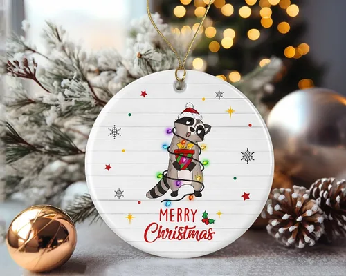 Vista 2 de Merry Christmas Raccoon Ornament, 2023 Christmas Ornament, Raccoon Christmas Light Ornament, Kids Christmas Ornament, Animal Christmas Ornament