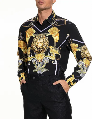 Vista 2 de Deer Lady Camisa de vestir estampada de lujo para hombre, camisas de manga larga con botones