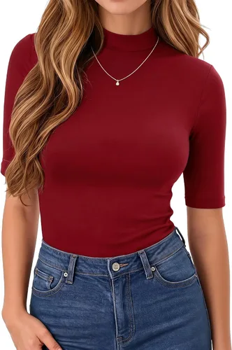 Vista 25 de MANGOPOP - Camiseta de cuello alto falso de manga 3/4 ajustada para mujer 03 Negro