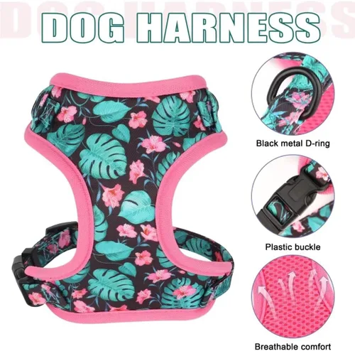 Vista 2 de Beirui Collares, arneses y correas lindas para perritas, juego de collar y correa ajustable con flores - Chaleco de malla suave para perritos y Verde