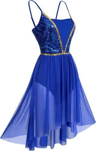 Vista 2 de ODASDO Vestido de baile con lentejuelas brillantes para mujer, con tirantes delgados, malla alta y baja, de tul lírica, moderno, contemporáneo