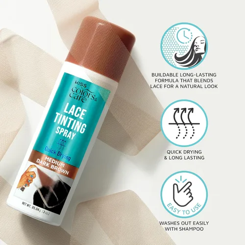 Vista 3 de KISS Colors & Care Lace Tinting Spray, Medium Dark Brown, 3 oz Quick Drying Washes Out Easily Smudge-Free Sweat Resistant