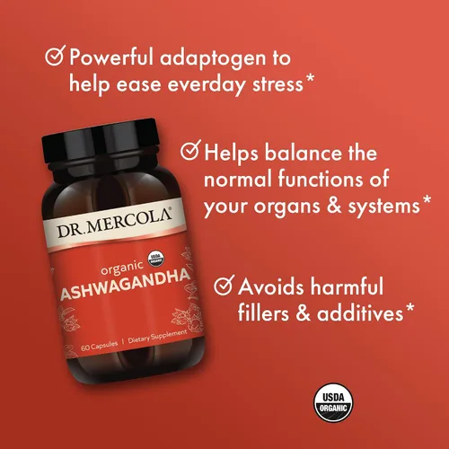 Vista 4 de Dr. Mercola Ashwagandha orgánica - Apoya la producción de energía y la salud suprarrenal - 800 mg por porción - Sin OMG, sin gluten y sin soja
