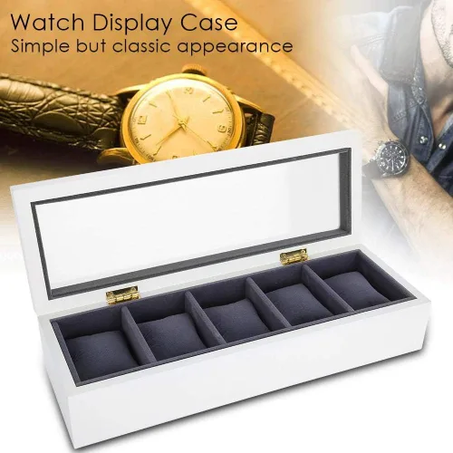 Vista 3 de Vitrina de reloj blanca, organizador de caja de reloj para hombres, vitrina de caja de reloj, caja de almacenamiento de vidrio con 5 ranuras