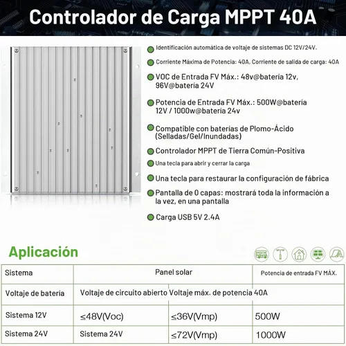 Vista 2 de controlador de carga MPPT 40 amperios 12V/24V Auto, regulador de carga de panel solar 40A con pantalla LCD retroiluminada máxima 100V para batería