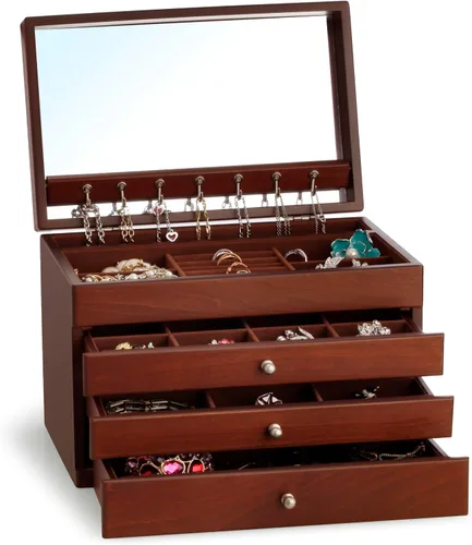 Vista 3 de RR ROUND RICH DESIGN Dignified - Joyero de madera maciza con gran espacio, almacenamiento multifunción con espejo y 3 cajones para mujer