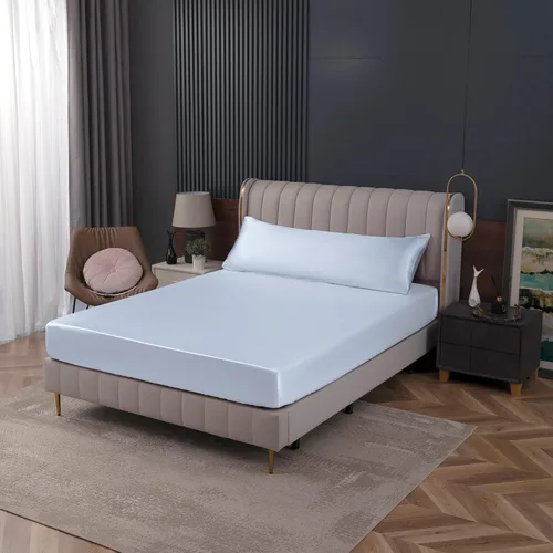 Vista 7 de Homiest Sábana bajera ajustable de satén azul bebé, tamaño individual, bolsillo profundo, ropa de cama lujosa y ultrasuave