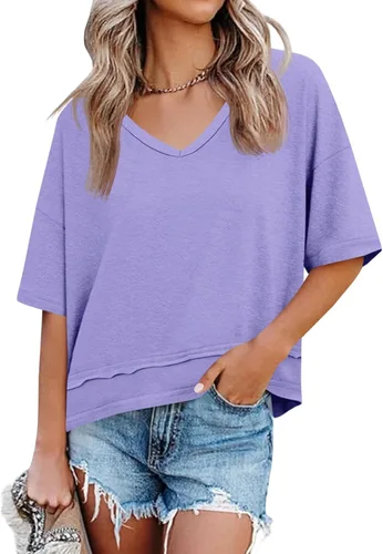 Vista 13 de Cicy Bell Camisetas de verano con cuello en V para mujer, casuales, de manga corta, holgadas, lindas camisetas básicas Caqui