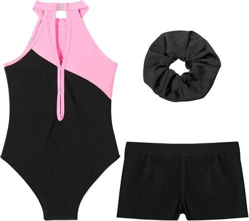 Vista 4 de Kids Girls Ballet Dance Outfits Shiny Sleeveless Gymnastic Leotard with Athletic Shorts Hair Band Tracksuit