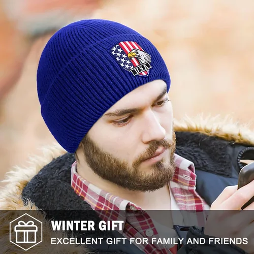 Vista 5 de Gorros para hombre, cálidos sombreros de invierno con bandera americana, águila calva, bordados, de punto suave, con diseño de calavera, 6 34-7 14