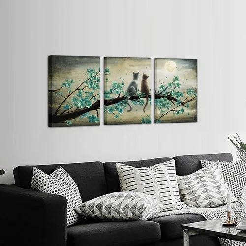 Vista 2 de KREATIVE ARTS Lienzo vintage para pared, diseño de animales descansando con 2 gatos, miran a la luna, 12 x 16 pulgadas, cuadros de pared giclée