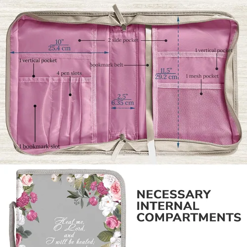 Vista 22 de DEHITE Funda para la Biblia para mujer, fundas de tela prémium para la Biblia para niñas, bolsa de transporte para mujer, ranuras para bolígrafos
