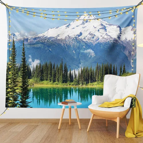 Vista 9 de Ambesonne Tapiz de paisaje, lago y pico glaciar nevado en Estados Unidos, ilustración de bosque de pinos altos, colgante de pared para dormitorio