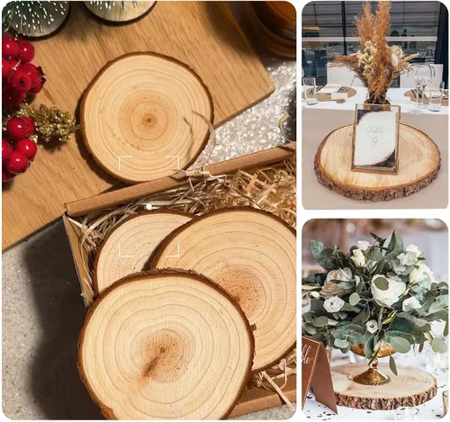 Vista 2 de ilauke Rebanadas de Madera, 10 Piezas de 3.5"-4" de Madera Natural Redondas, Círculos de Madera con Corteza, Kit de Madera Sin Terminar