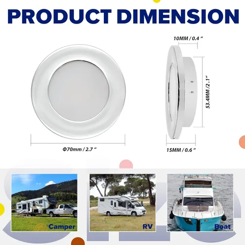 Vista 3 de Luces interiores de 12 V de bajo voltaje para debajo del gabinete, luz LED de disco regulable para cámper, remolque, RV, barco, luz de techo