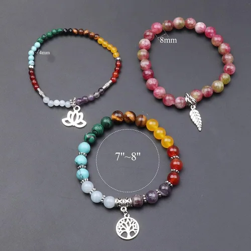Vista 2 de UEUC - Pulseras Reiki, apilables, de piedras curativas, cristales, con dije del árbol de la vida, yoga y hoja de loto, contra la ansiedad