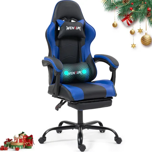 Vista 10 de Silla de juegos con reposapiés para adultos, silla de videojuegos de carreras de piel sintética, con soporte lumbar, para hombres y mujeres, silla