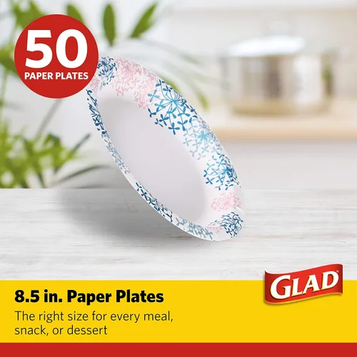 Vista 2 de Glad Platos desechables redondos de papel para todas las ocasiones, a prueba de remojo, a prueba de cortes, aptos para microondas, resistentes, 8.5
