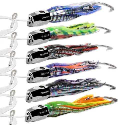 Vista 2 de OCEAN CAT Juego de señuelos de pesca de agua salada, anzuelo de pesca en alta mar y faldas de pulpo/calamar de 6 pulgadas/9 pulgadas para atrapar