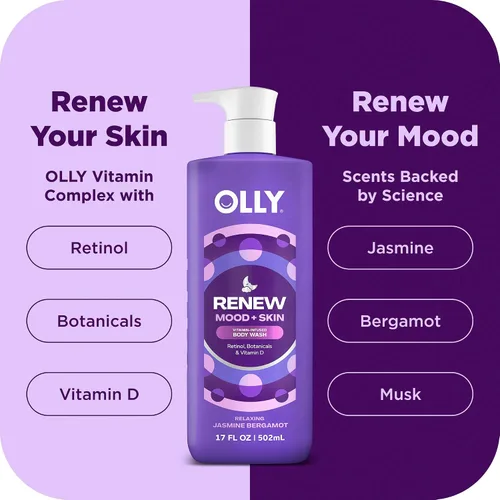 Vista 4 de OLLY Renew Body Wash con vitamina D, retinol y botánicos - Limpiador nutritivo para reparación de barreras cutáneas, hidratación profunda, aroma a