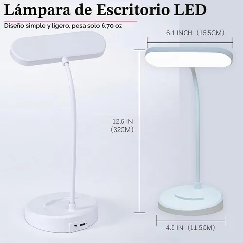 Vista 3 de Lámpara de escritorio, LED que cuida los ojos para estudiantes, regulable al tacto, 3 modos de color, recargable USB-C, cuello de cisne flexible