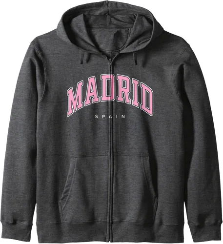 Vista 5 de Madrid España España Varsity Style Sudadera con capucha y texto rosa, Negro
